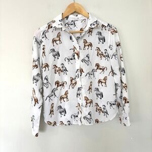 Jane Delancy Horse Print Button Up Shirt Women Small White Long Sleeve Western
